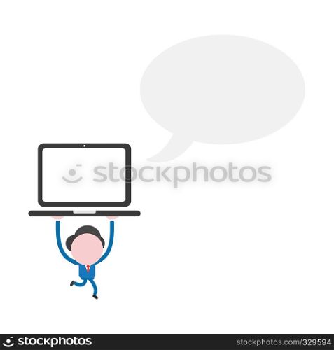 Vector illustration businessman character with blank speech bubble and running and holding up laptop computer.