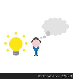 Vector illustration businessman character with blank thought bubble and glowing light bulb idea.