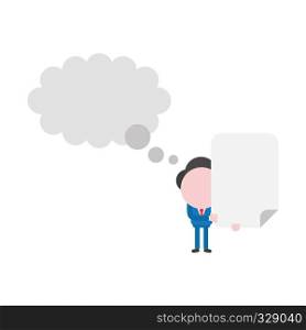 Vector illustration businessman character with blank thought bubble and holding blank paper.