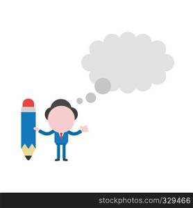 Vector illustration businessman character with blank thought bubble and holding pencil.