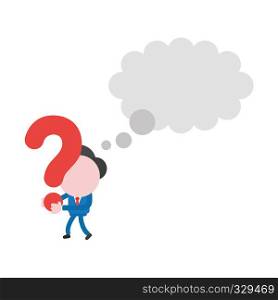 Vector illustration businessman character with blank thought bubble, walking and holding question mark.