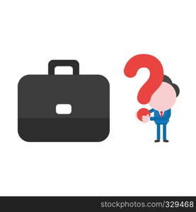 Vector illustration businessman character with briefcase and holding question mark.