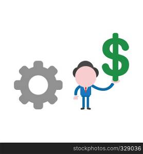 Vector illustration businessman character with gear and holding dollar symbol.