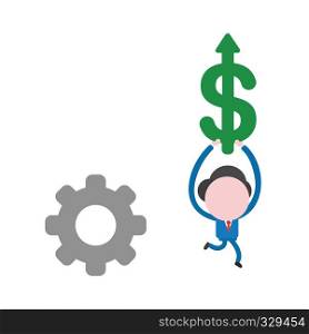 Vector illustration businessman character with gear and running and carrying dollar arrow moving up.