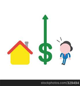 Vector illustration businessman character with house and looking dollar arrow moving up.