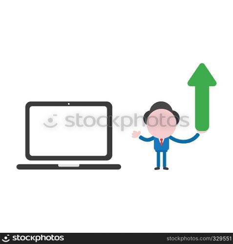 Vector illustration businessman character with laptop computer and holding arrow moving up.
