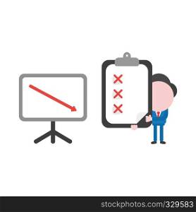 Vector illustration businessman character with sales chart arrow moving down and holding clipboard with x marks.