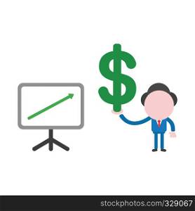 Vector illustration businessman character with sales chart arrow moving up and holding dollar symbol.