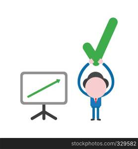 Vector illustration businessman character with sales chart arrow moving up and holding up check mark.