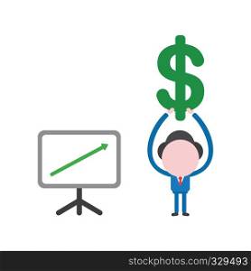 Vector illustration businessman character with sales chart arrow moving up and holding up dollar symbol.