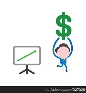 Vector illustration businessman character with sales chart arrow moving up, running and carrying dollar symbol.