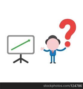 Vector illustration businessman character with sales chart moving up and holding question mark.