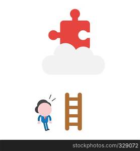 Vector illustration businessman character with short wooden ladder and looking missing puzzle piece on cloud.