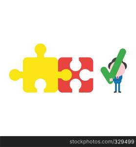 Vector illustration businessman character with two connected jigsaw puzzle pieces and holding check mark.