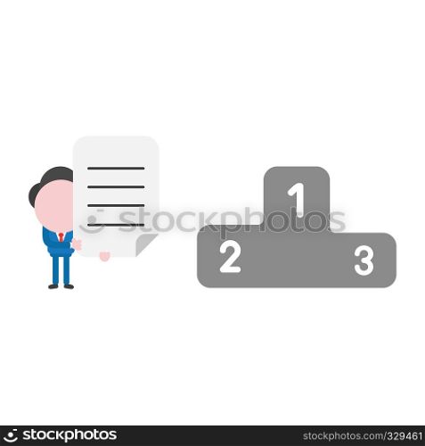 Vector illustration businessman character with winners podium and holding written paper.