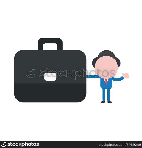 Vector illustration businessman holding briefcase. Vector illustration concept of businessman character holding black briefcase icon.