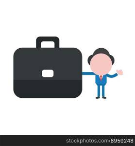 Vector illustration businessman holding briefcase. Vector illustration concept of businessman character holding black briefcase icon.