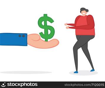 Vector illustration businessman holding dollar money and man taking. Hand drawn. Colored outlines.