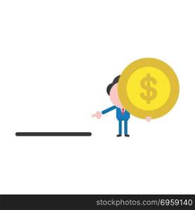 Vector illustration businessman holding dollar money coin and po. Vector illustration concept of businessman character holding yellow dollar money coin icon and pointing moneybox hole.