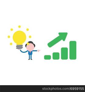 Vector illustration businessman holding glowing light bulb with . Vector illustration concept of businessman character holding yellow glowing light bulb with green sales bar chart moving up, good idea and success.