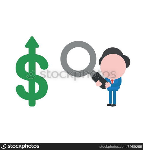 Vector illustration businessman holding magnifying glass and loo. Vector illustration concept of businessman character holding magnifying glass and looking green dollar icon with arrow moving up.