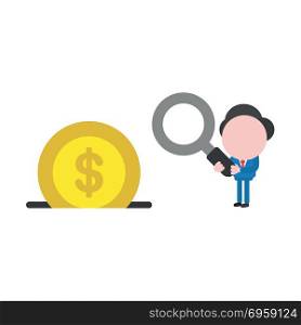 Vector illustration businessman holding magnifying glass with do. Vector illustration concept of businessman character holding magnifying glass icon with dollar money coin inside moneybox hole.