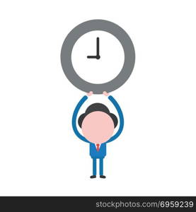 Vector illustration businessman holding up clock time. Vector illustration concept of businessman character holding up clock time icon.