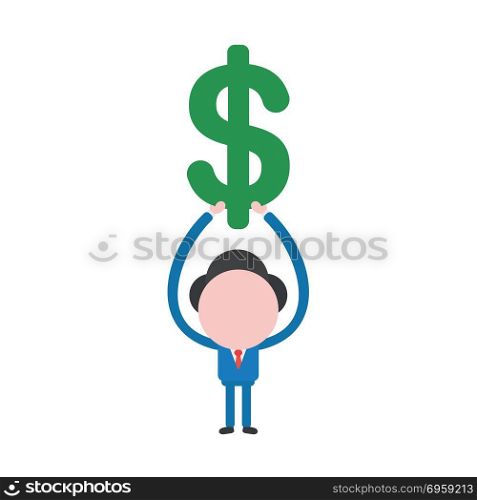 Vector illustration businessman holding up dollar. Vector illustration concept of businessman character holding up green dollar icon.