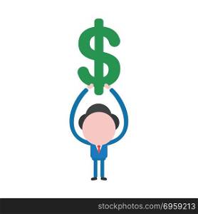 Vector illustration businessman holding up dollar. Vector illustration concept of businessman character holding up green dollar icon.