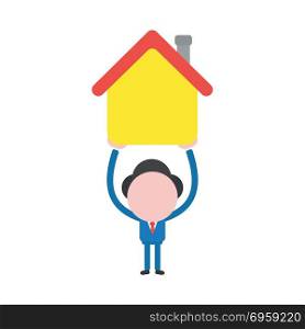 Vector illustration businessman holding up house. Vector illustration concept of businessman character holding up yellow house icon.