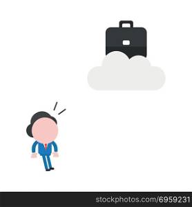 Vector illustration businessman looking briefcase on cloud . Vector illustration concept of businessman character looking black briefcase on gray cloud icon.