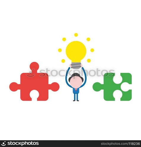 Vector illustration businessman mascot character between incompatible jigsaw puzzle pieces and holding up glowing light bulb idea.