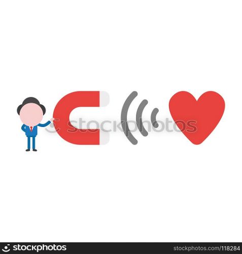 Vector illustration businessman mascot character holding magnet and attracting heart.