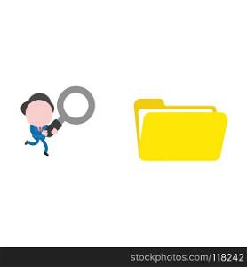 Vector illustration businessman mascot character running and holding magnifying glass to open file folder.