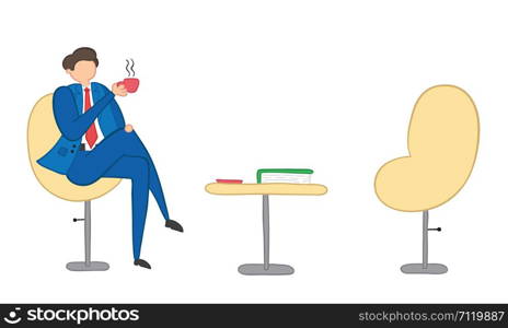Vector illustration businessman sitting at office and drinking coffe or tea. Hand drawn. Colored outlines.