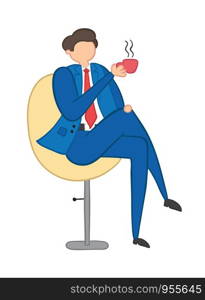 Vector illustration businessman sitting on office chair and drinking coffee or tea. Hand drawn. Colored outlines.