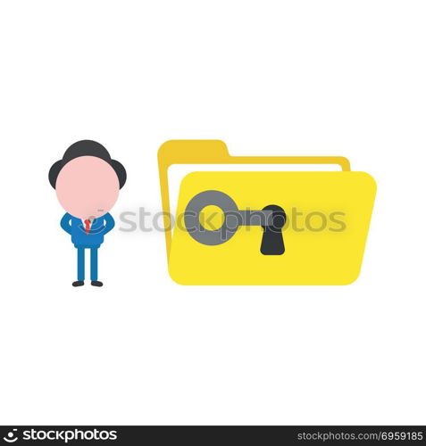 Vector illustration businessman unlock, open file folder with ke. Vector illustration concept of businessman character unlock, open yellow file folder with key.