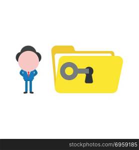 Vector illustration businessman unlock, open file folder with ke. Vector illustration concept of businessman character unlock, open yellow file folder with key.