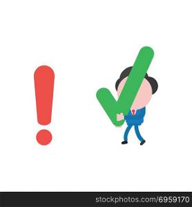 Vector illustration businessman walking and carrying check mark . Vector illustration concept of businessman character walking and carrying green check mark icon to red exclamation mark.