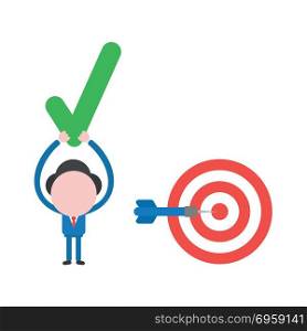 Vector illustration businessman with bullseye and dart in center. Vector illustration concept of businessman character with bullseye and dart in center and holding up green check mark icon.