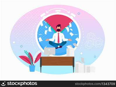 Vector Illustration Calm in Workplace Cartoon Flat. Man Meditates in Workplace Against Background Circular Diagram. Rest and Relaxation During Busy Working Process. Self Management.
