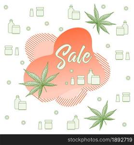 Vector illustration Cannabis leaf, Cbd thc cosmetics with hemp cannabinoid extract on white background. Using medical marijuana herb concept. Healthy cannabis hemp natural products. Legal Weed