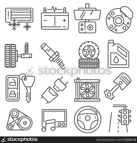 Vector illustration Car parts line icons set. Auto service repair symbol, gear engine, spanner and filter