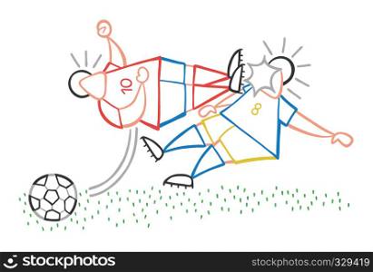 Vector illustration cartoon aggressive soccer player man flying kick to other soccer player's face.