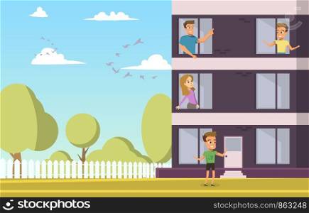 Vector Illustration Cartoon Apartment For Sale. Image of Happy Young Family Choosing an Apartment for Purchase. Concept Acquisition New Housing. Man, Woman, Boy Look out Window.