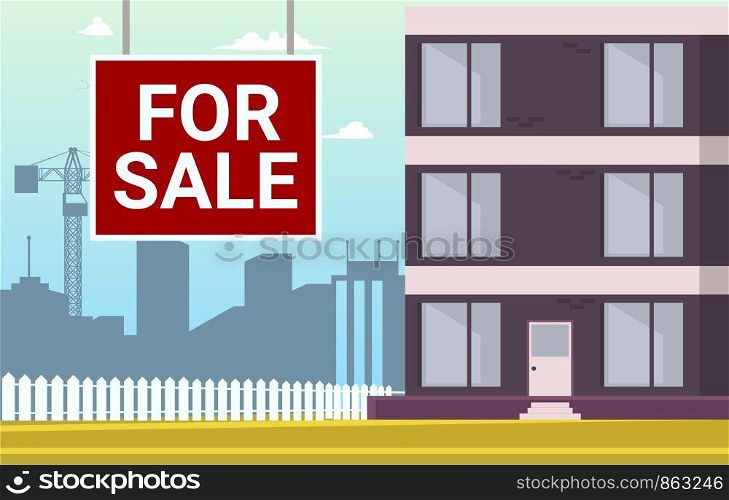 Vector Illustration Cartoon Apartment For Sale. Image Part New House. Sale Apartments in New Residential Building. View Standing Building against Background Metropolitan area under Construction.
