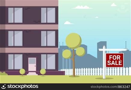 Vector Illustration Cartoon Apartment For Sale. Image Part New House. Sale Apartments in New Residential Building. View Standing Building against Background Metropolitan. Home Buying Concept