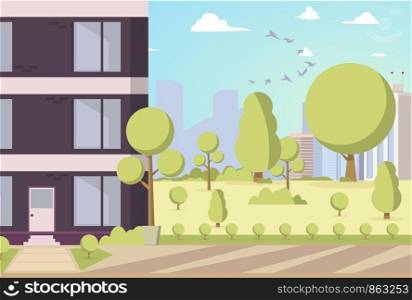 Vector Illustration Cartoon Building in Park Area. Image part a new House Located with Park area. Park with Trees around Building. House on Background Trees and Panorama Metropolis