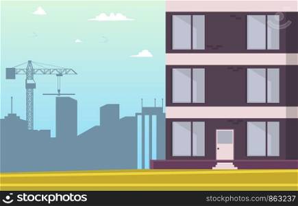 Vector Illustration Cartoon Building New Home. Image Part New House. Sale Apartments in New Residential Building. View Standing Building against Background Metropolitan area under Construction.