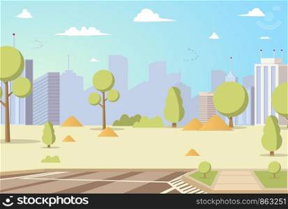 Vector Illustration Cartoon City Park Panoramas. Image Park with Trees on Background Metropolis. Concept placesk for Family Holiday in City. Silhouette Buildings on Background City Park